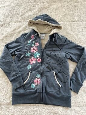 Disney Parks Womens Blue Zip Up Hoodie Sweatshirt Tinkerbell Faux Fur Lined SM